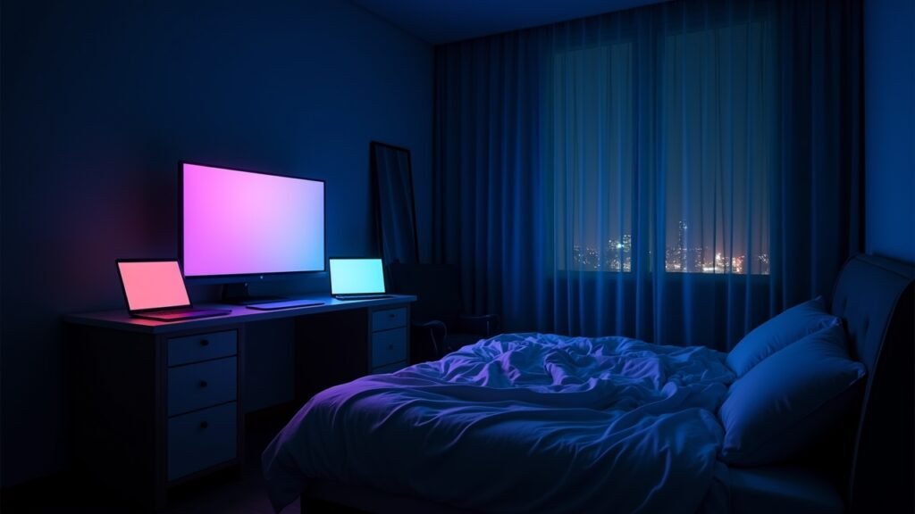 Bedroom with screens glowing