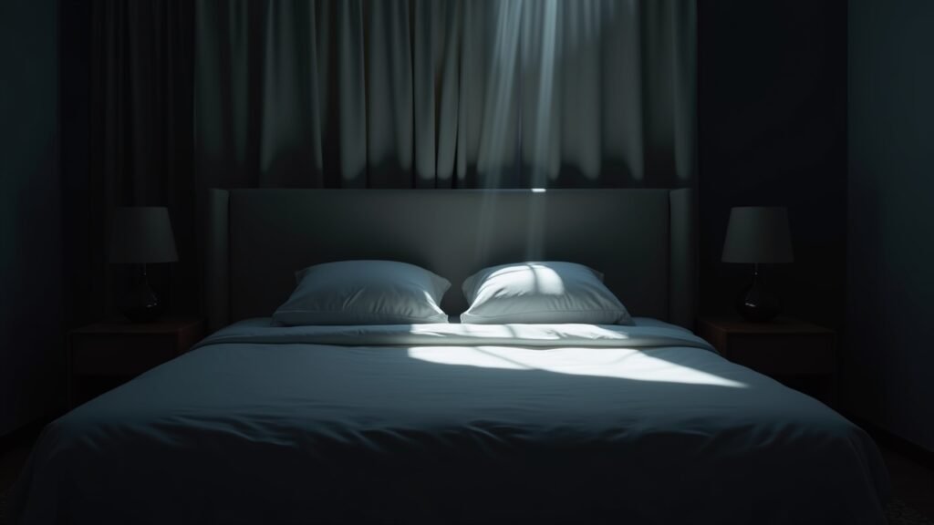 Well-made bed in dark room