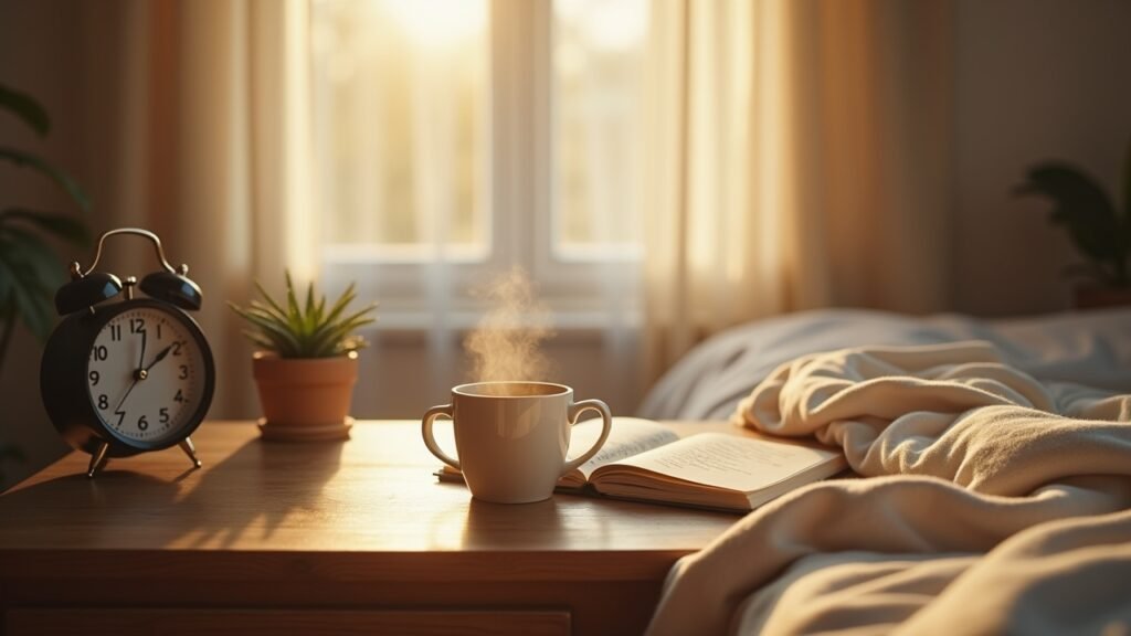Coffee and journal on bedside table