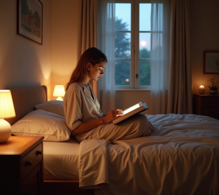 Dimly lit bedroom with book