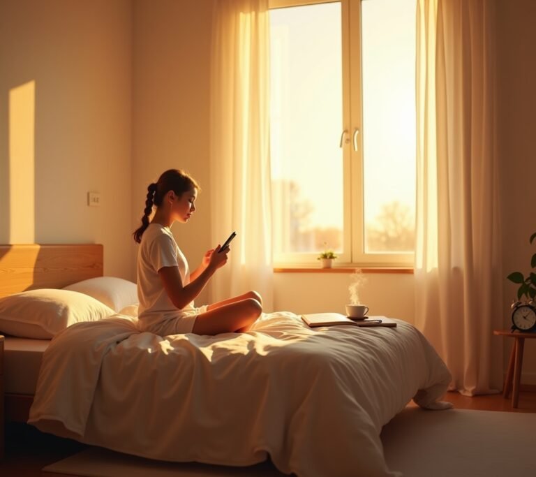 Person stretching by window with sunrise